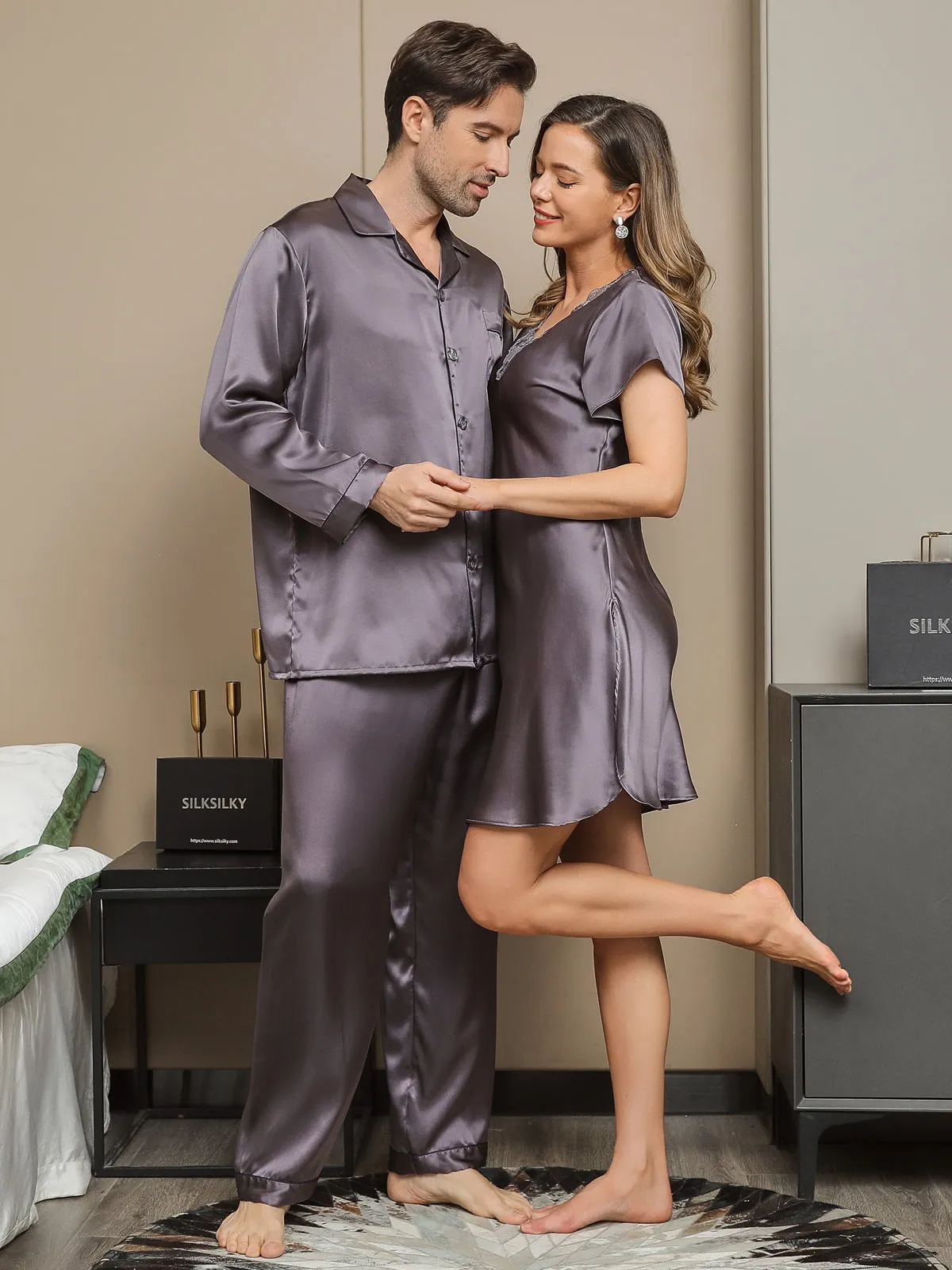 3Pcs Pure Silk Mens & Womens Couple Pajamas   Nightgown