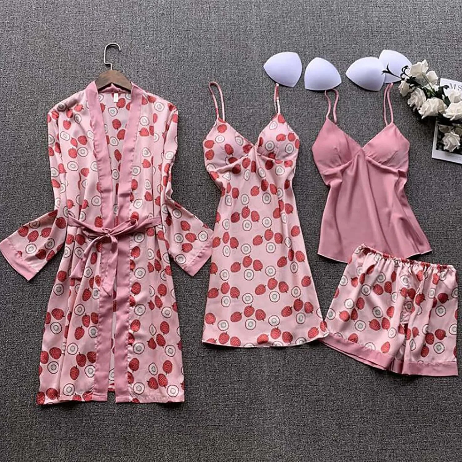 4Pcs Pajama Sets for Women Built-in Bra Padded Camisole & Shorts Nightgown Robe Sets Soft Sleepwear Lounge Set