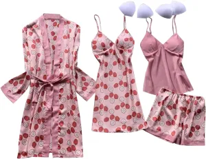 4Pcs Pajama Sets for Women Built-in Bra Padded Camisole & Shorts Nightgown Robe Sets Soft Sleepwear Lounge Set