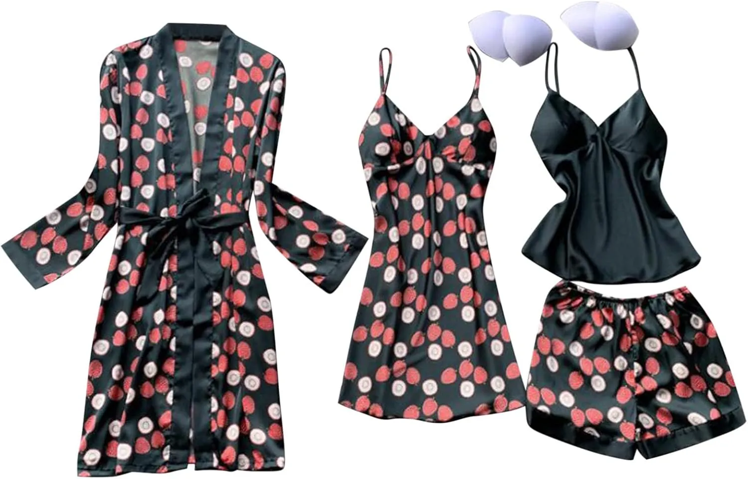 4Pcs Pajama Sets for Women Built-in Bra Padded Camisole & Shorts Nightgown Robe Sets Soft Sleepwear Lounge Set
