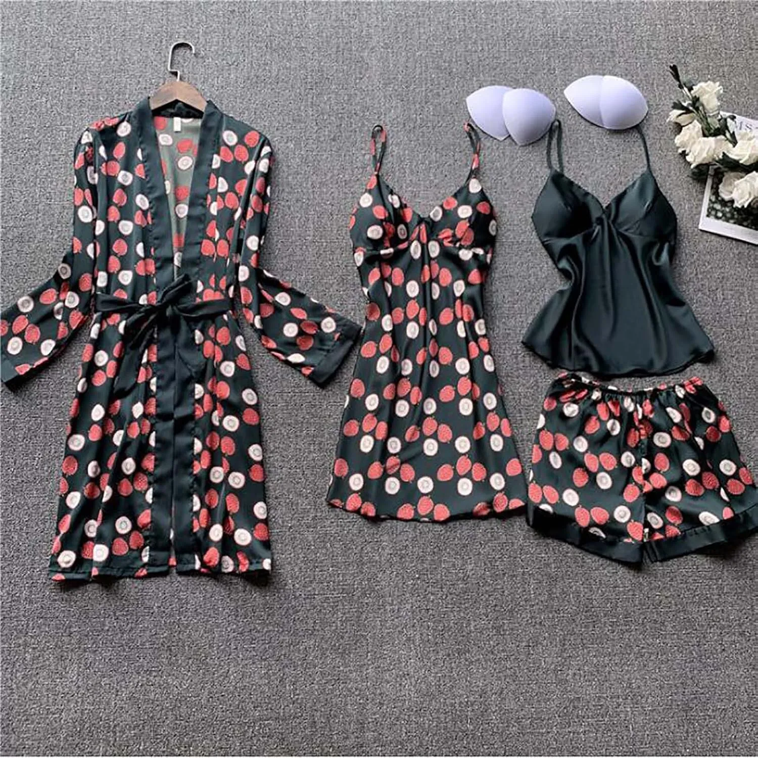 4Pcs Pajama Sets for Women Built-in Bra Padded Camisole & Shorts Nightgown Robe Sets Soft Sleepwear Lounge Set
