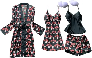 4Pcs Pajama Sets for Women Built-in Bra Padded Camisole & Shorts Nightgown Robe Sets Soft Sleepwear Lounge Set