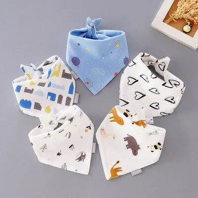 5 Pieces Baby Cotton Cartoon Print Triangle Double Saliva Towels