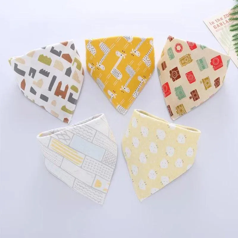 5 Pieces Baby Cotton Cartoon Print Triangle Double Saliva Towels