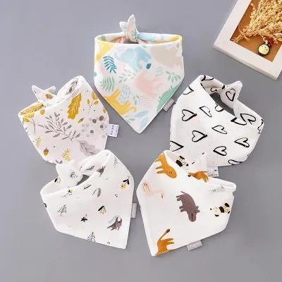 5 Pieces Baby Cotton Cartoon Print Triangle Double Saliva Towels