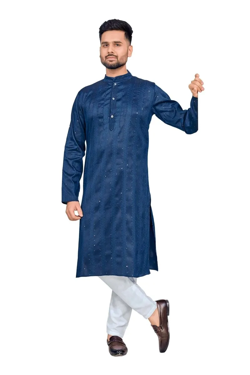 Aastha Fashion Men's Blue Jacquard Silk Sequence Work Party Wear Kurta with Pajama