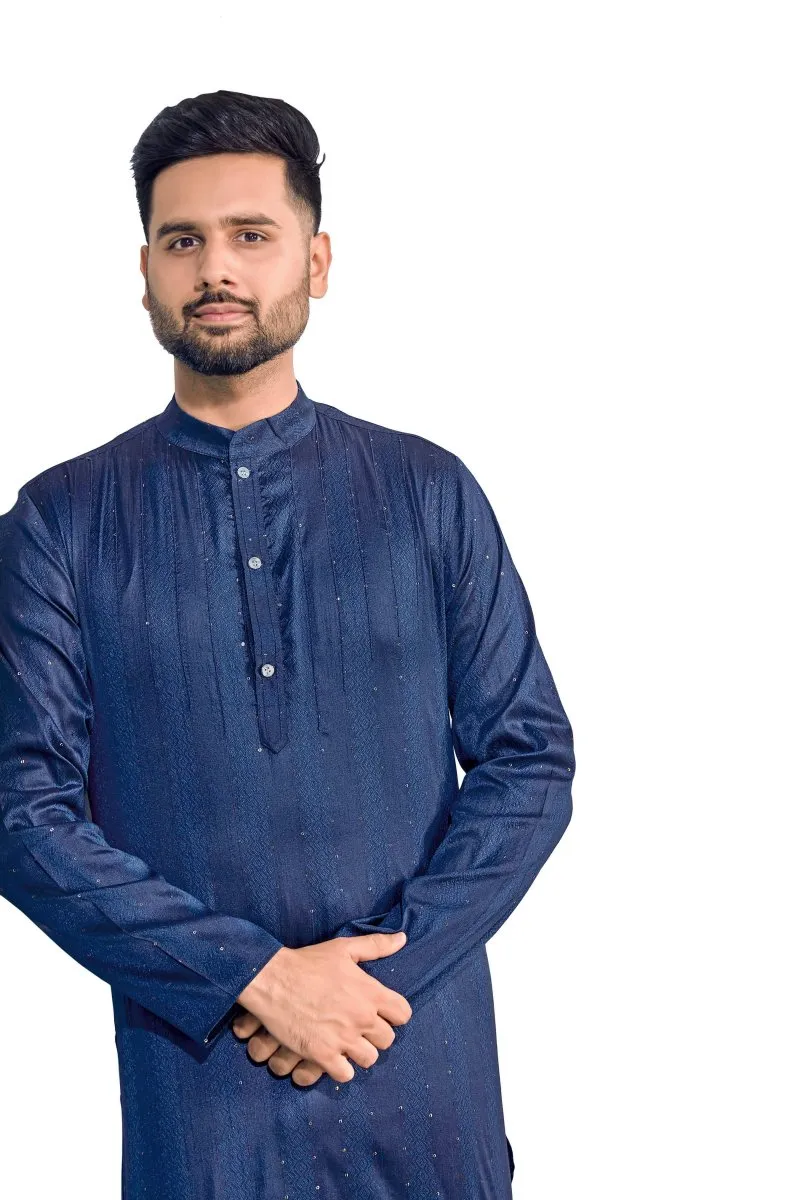 Aastha Fashion Men's Blue Jacquard Silk Sequence Work Party Wear Kurta with Pajama