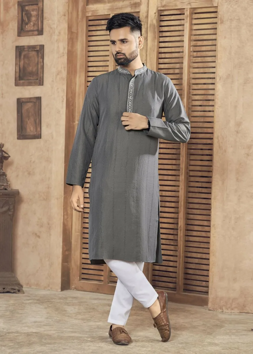 Aastha Fashion Men's Grey Viscose Embroidered Party Wear Kurta with Pajama
