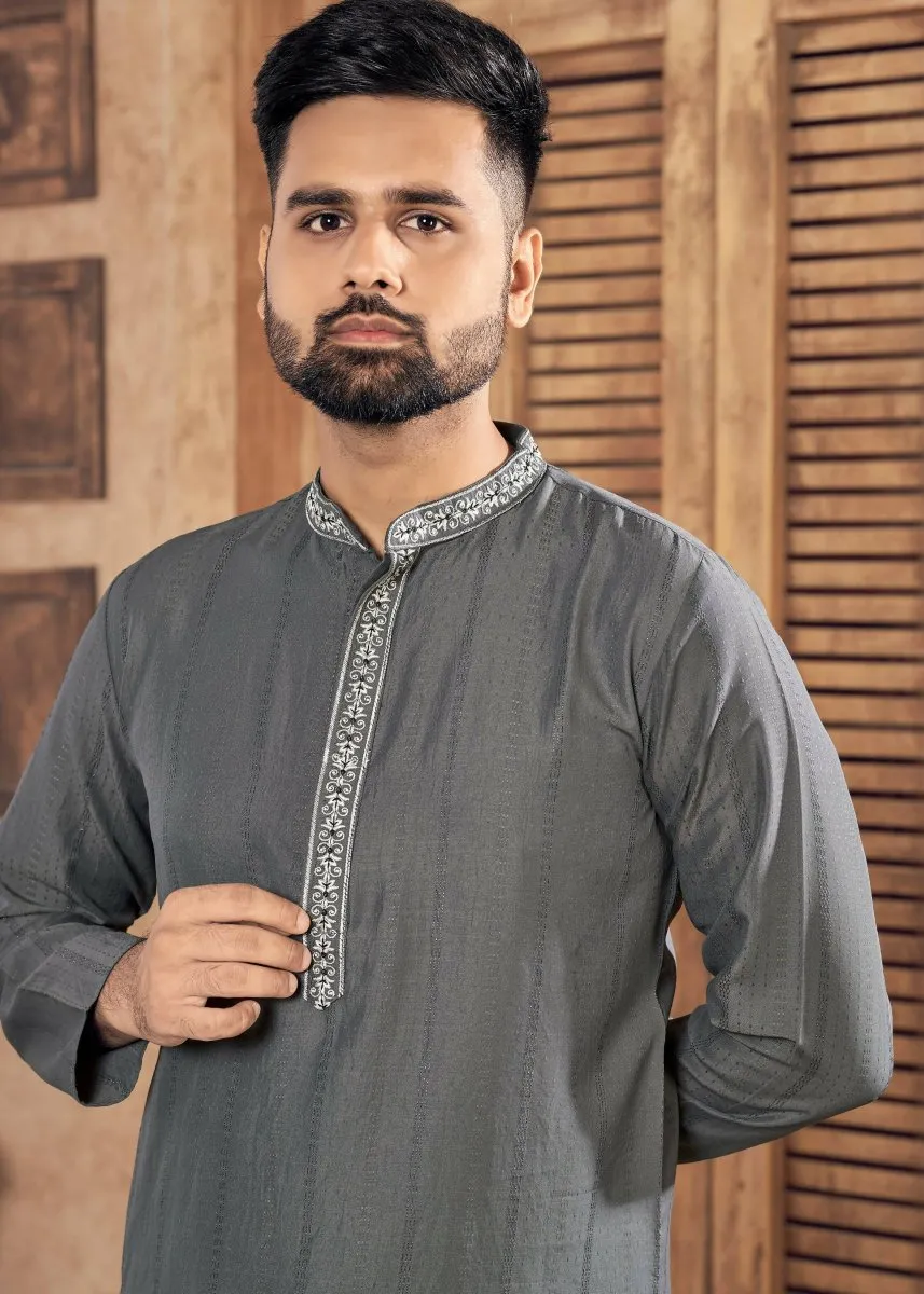 Aastha Fashion Men's Grey Viscose Embroidered Party Wear Kurta with Pajama