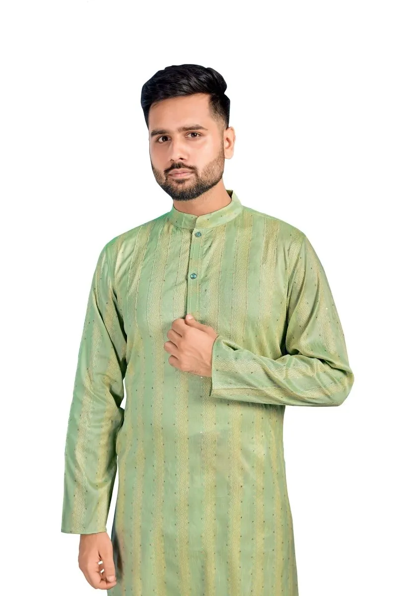 Aastha Fashion Men's Sea Green Jacquard Silk Sequence Work Party Wear Kurta with Pajama