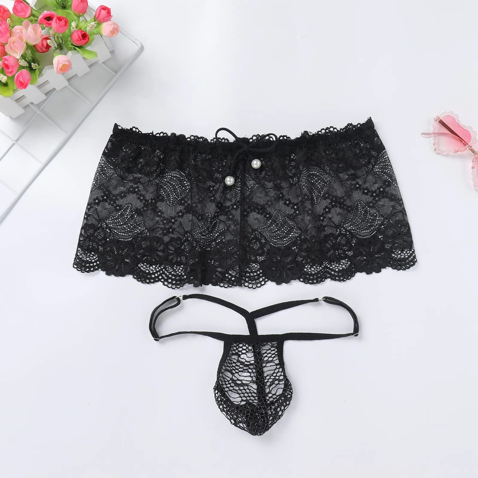 ABAFIP Men's Crossdresser Sissy Lingerie Low Waist Lace Mesh Sheer Mini Skirt   G-string Thong Panties 2 Piece Crossdressing Underwear set Black One Size