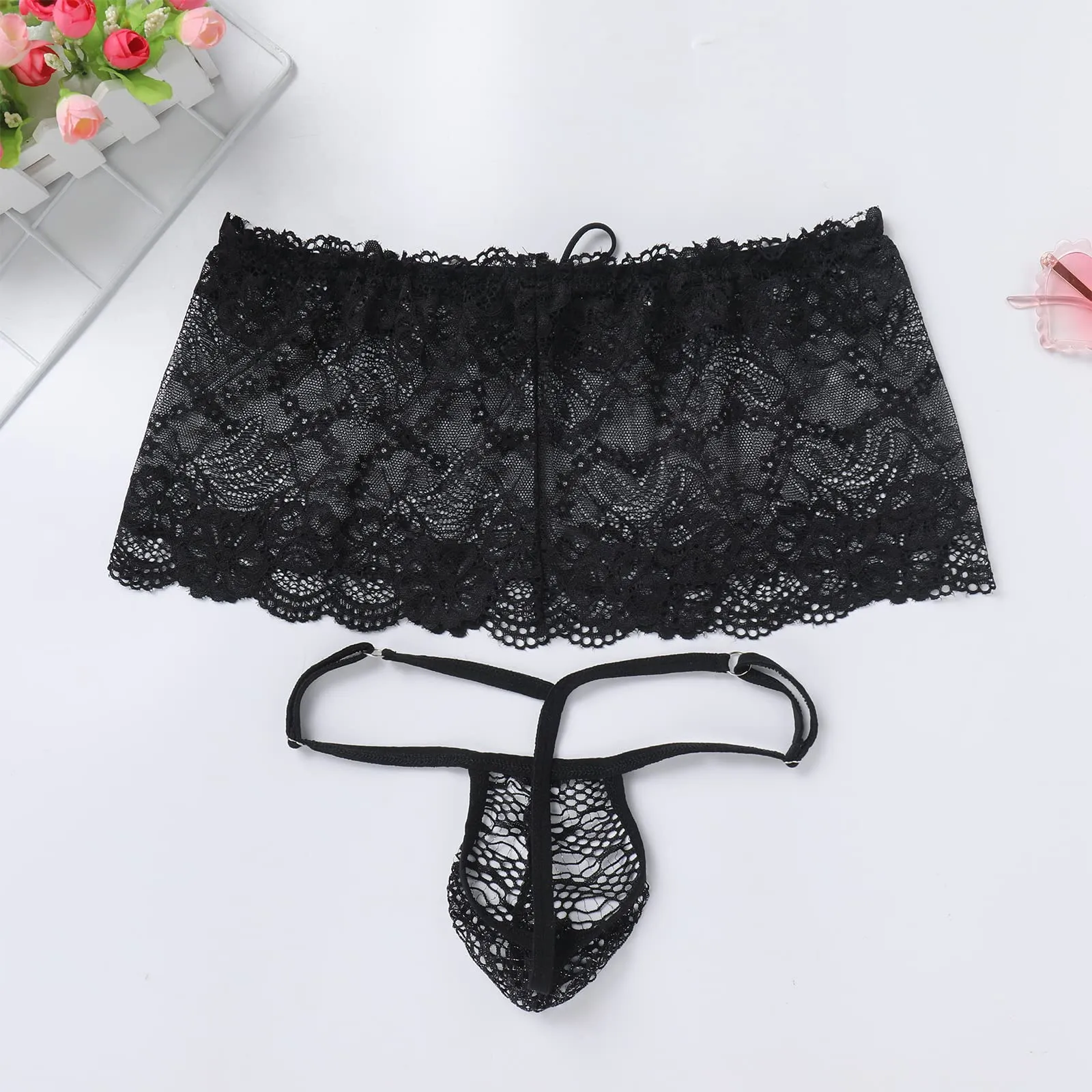 ABAFIP Men's Crossdresser Sissy Lingerie Low Waist Lace Mesh Sheer Mini Skirt   G-string Thong Panties 2 Piece Crossdressing Underwear set Black One Size