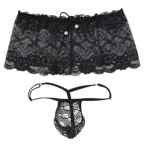ABAFIP Men's Crossdresser Sissy Lingerie Low Waist Lace Mesh Sheer Mini Skirt   G-string Thong Panties 2 Piece Crossdressing Underwear set Black One Size