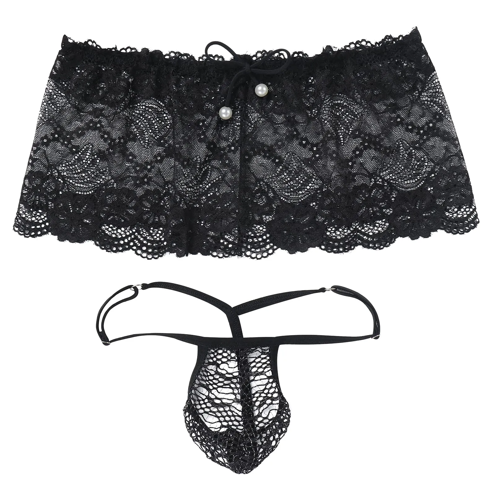 ABAFIP Men's Crossdresser Sissy Lingerie Low Waist Lace Mesh Sheer Mini Skirt   G-string Thong Panties 2 Piece Crossdressing Underwear set Black One Size