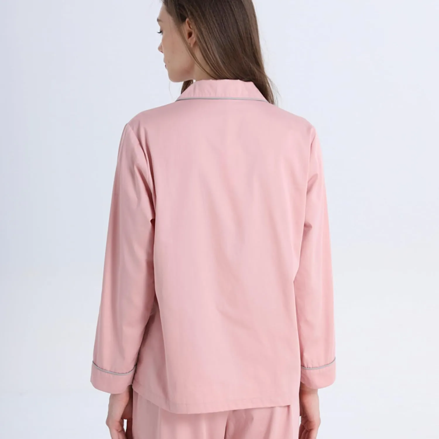 AIGE women's pajama set: Soft, breathable, lightweight with long trousers. Button closure, plain cuffs, 1 pocket. Pink