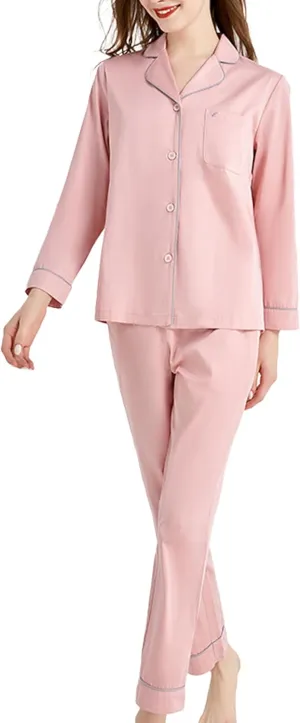AIGE women's pajama set: Soft, breathable, lightweight with long trousers. Button closure, plain cuffs, 1 pocket. Pink