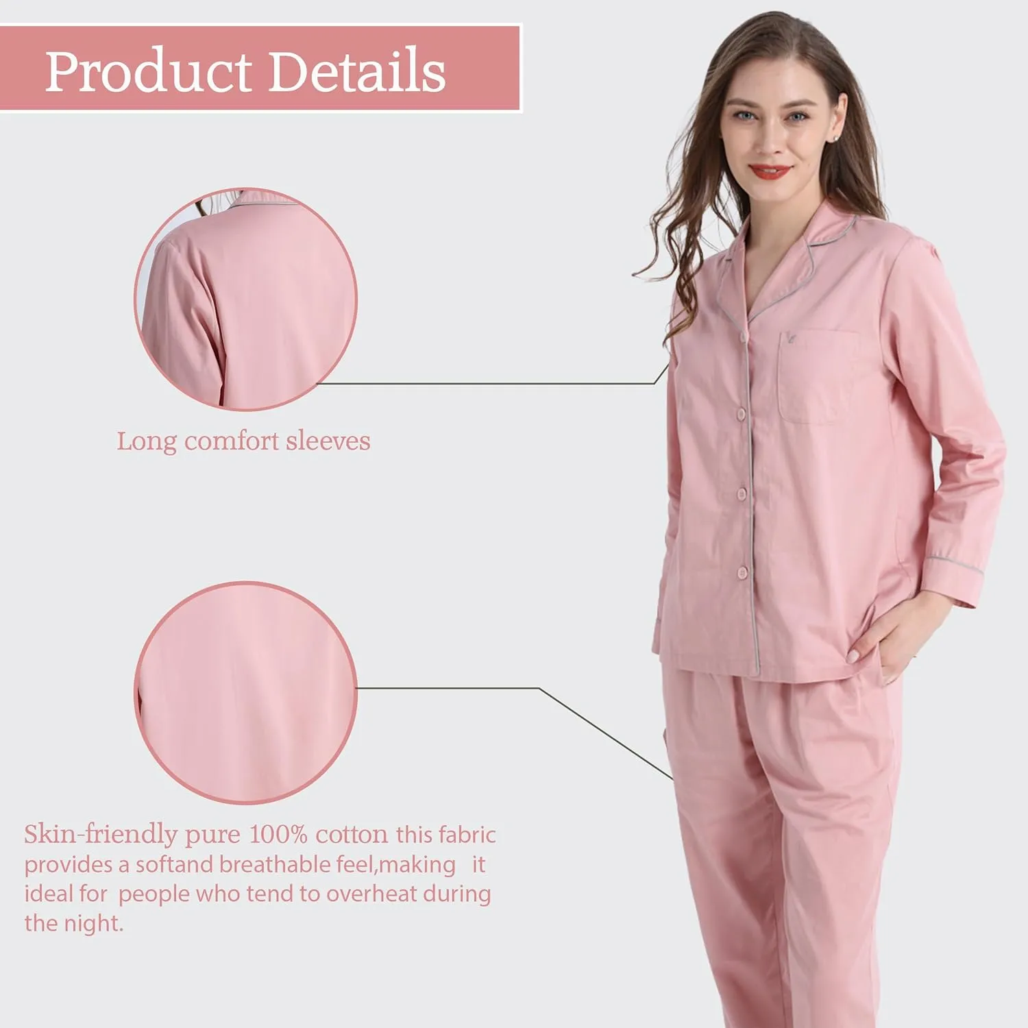 AIGE women's pajama set: Soft, breathable, lightweight with long trousers. Button closure, plain cuffs, 1 pocket. Pink