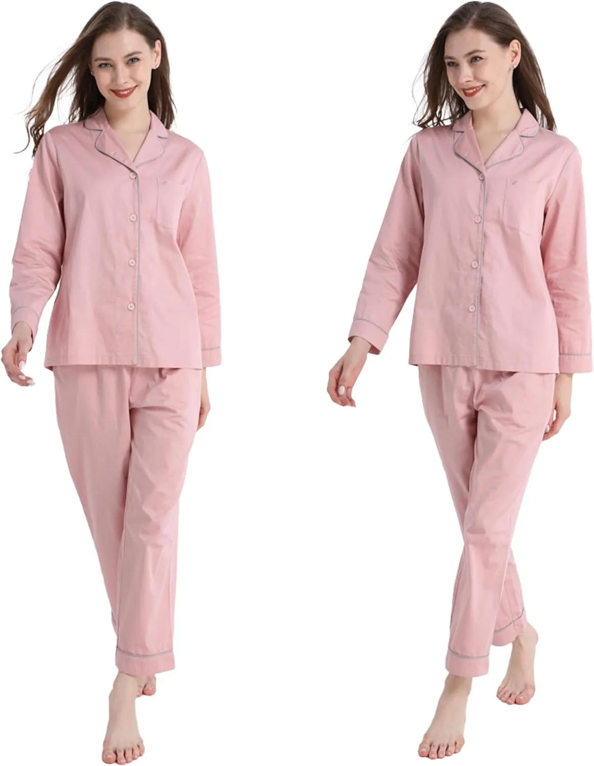 AIGE women's pajama set: Soft, breathable, lightweight with long trousers. Button closure, plain cuffs, 1 pocket. Pink