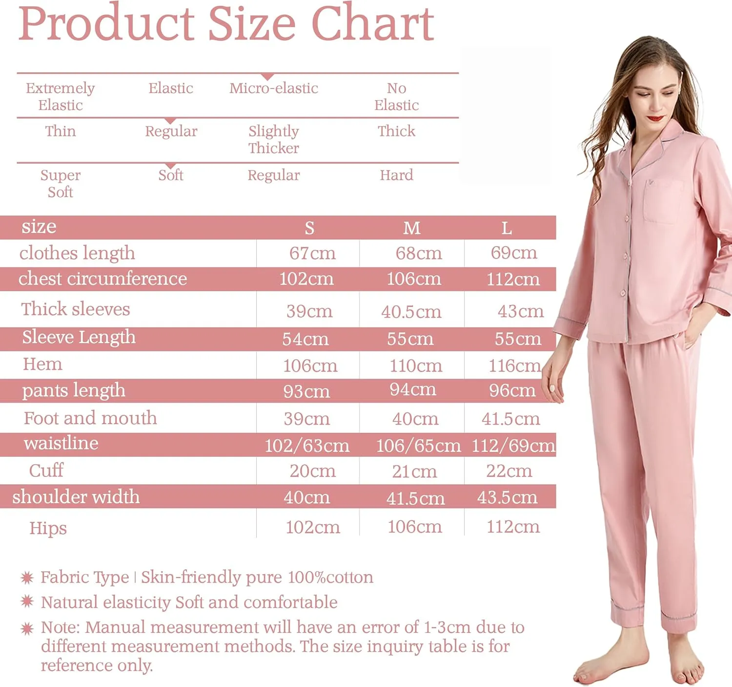 AIGE women's pajama set: Soft, breathable, lightweight with long trousers. Button closure, plain cuffs, 1 pocket. Pink