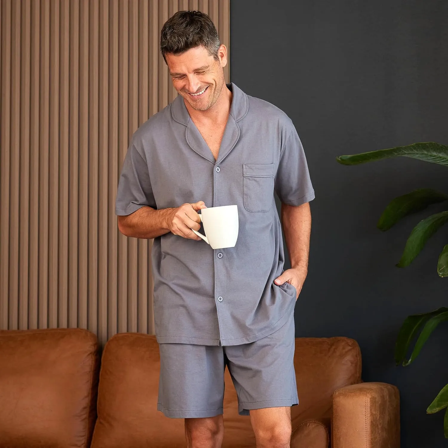 Alexander Del Rossa Men's Soft Cotton Knit Jersey Pajamas Lounge Set, Short Sleeve Shirt and Shorts with Pockets