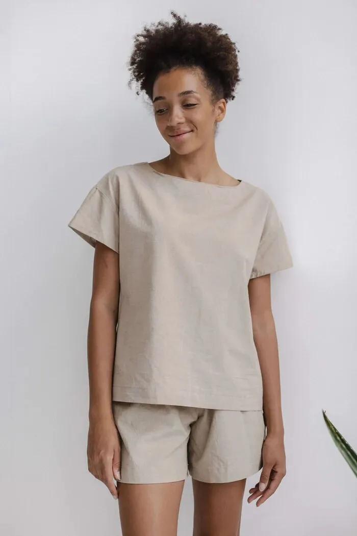 Almond Cotton Pajama Set, Cozy Nightwear, Natural Pajamas, Sleepwear For Women, Summer Shirt & Shorts, Women Home Wear, Beach Outfit For Her