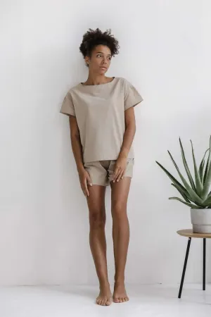 Almond Cotton Pajama Set, Cozy Nightwear, Natural Pajamas, Sleepwear For Women, Summer Shirt & Shorts, Women Home Wear, Beach Outfit For Her