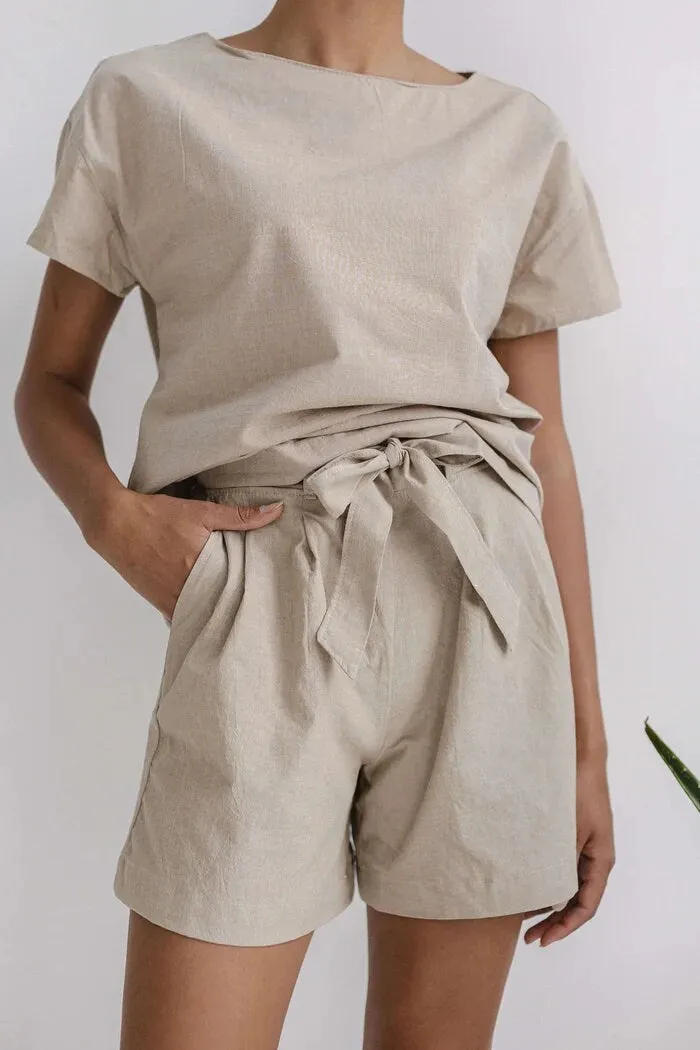 Almond Cotton Pajama Set, Cozy Nightwear, Natural Pajamas, Sleepwear For Women, Summer Shirt & Shorts, Women Home Wear, Beach Outfit For Her