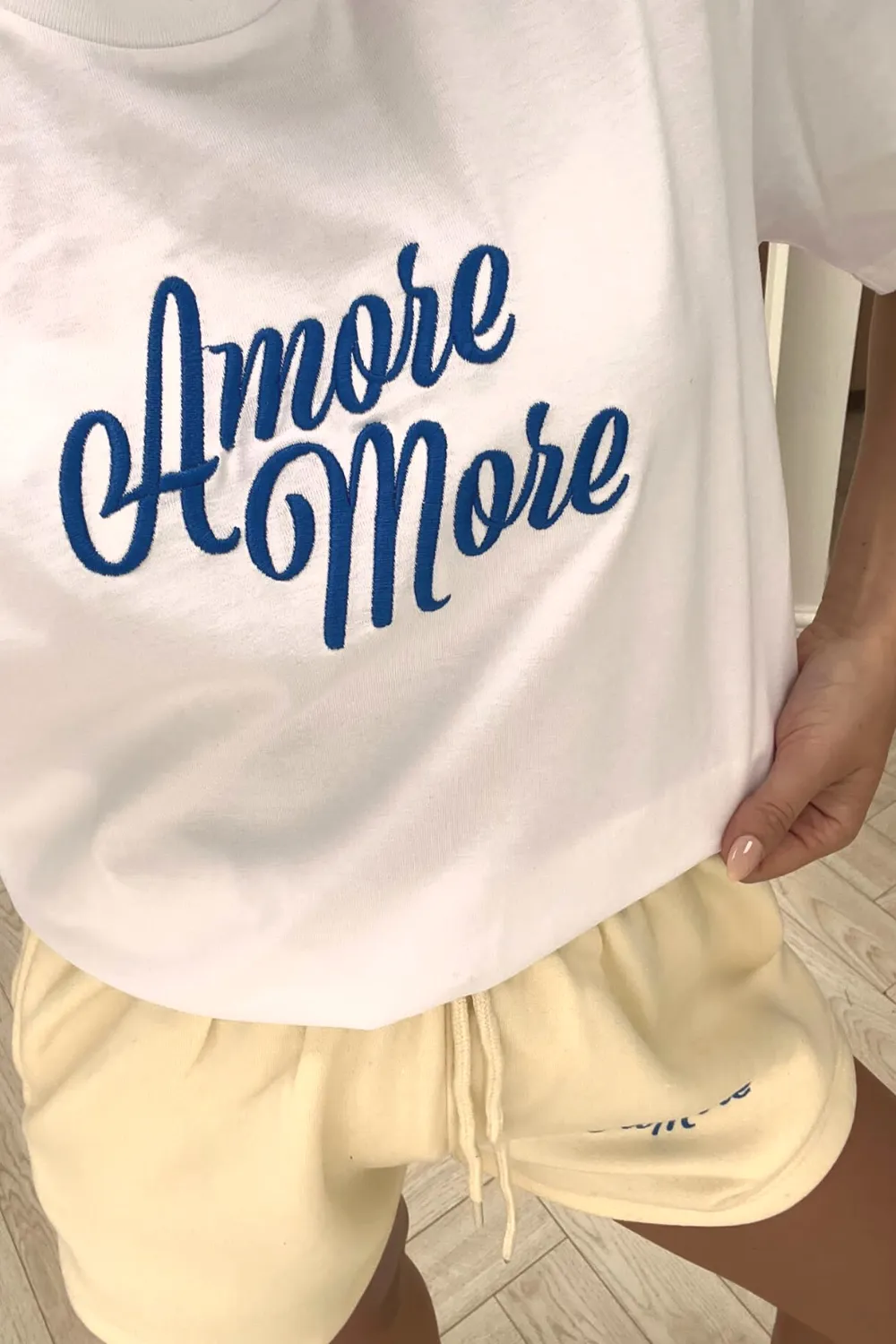 amore more blue & ecru embroidered short tee co-ord