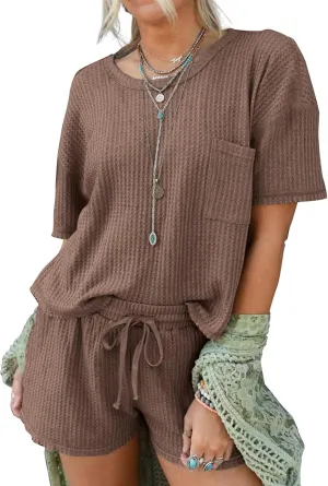 Andeip Pajamas Womens Waffle Knit Lounge Set Short Sleeve Top and Shorts 2 Piece Loungewear Outfits Pj Sets with Pockets