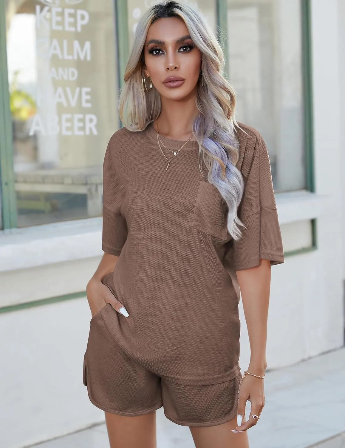 Andeip Pajamas Womens Waffle Knit Lounge Set Short Sleeve Top and Shorts 2 Piece Loungewear Outfits Pj Sets with Pockets