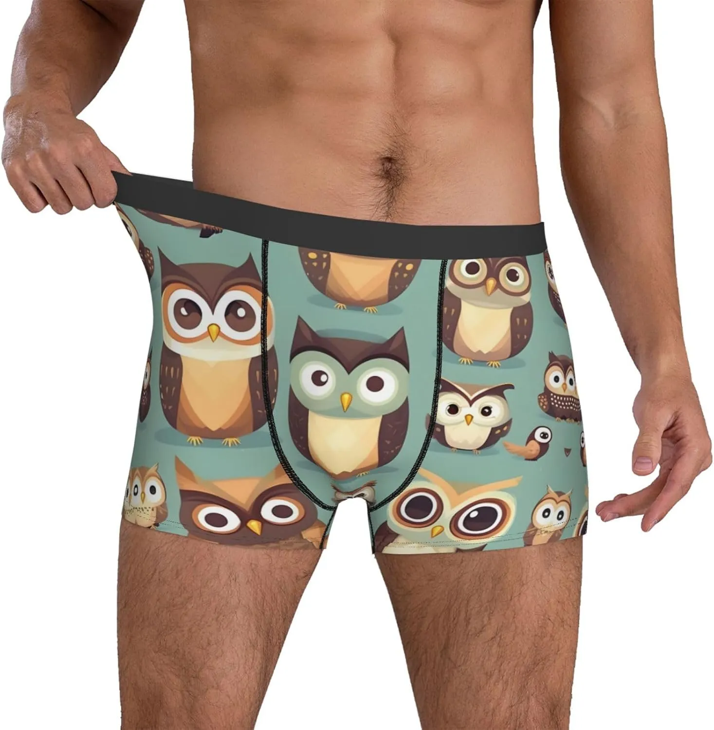 Animal Cartoon Owls Cute print Mens Underwear Boxer Briefs Breathable Soft Moisture Wicking with Fly Underwear for Men