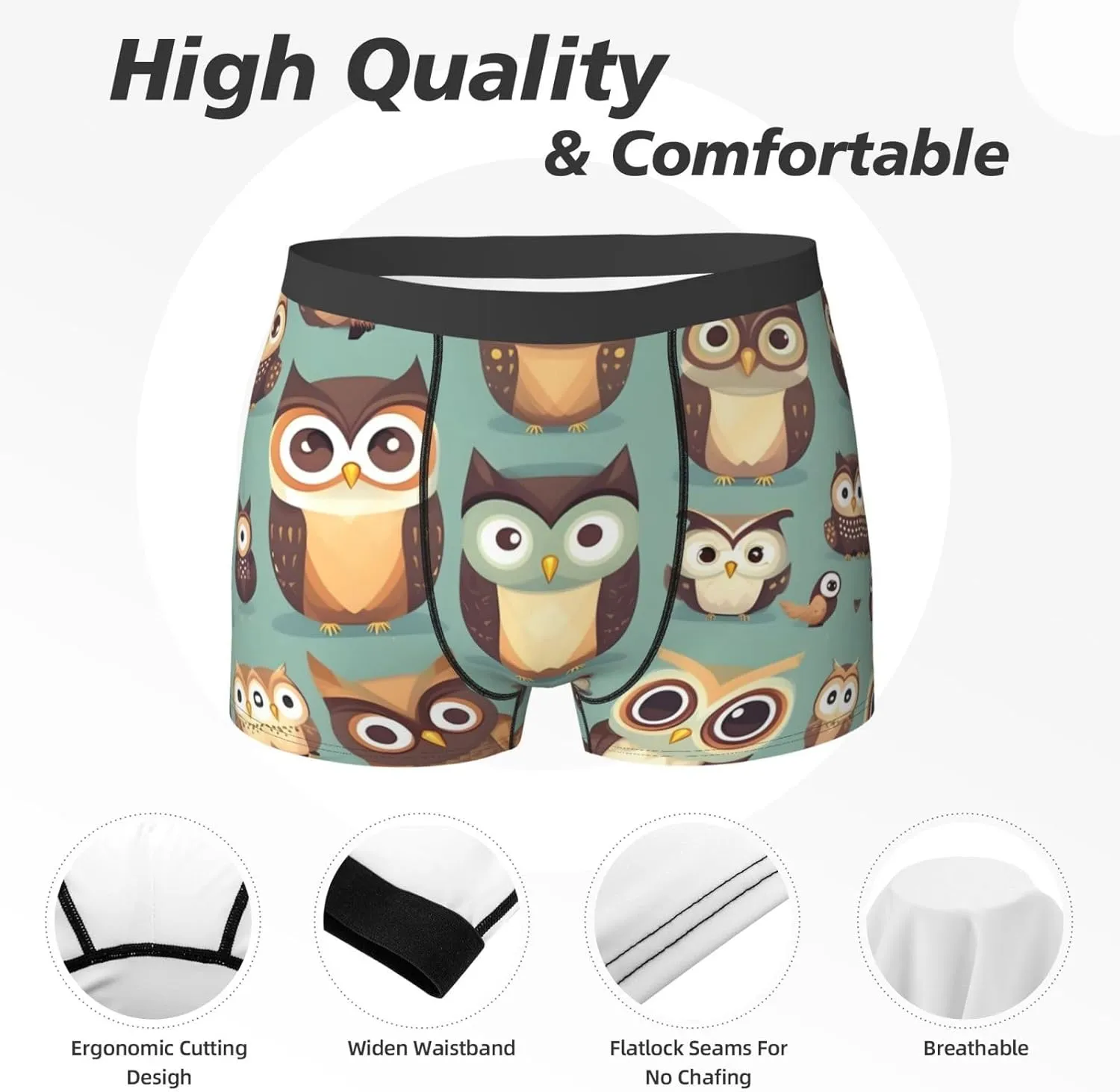 Animal Cartoon Owls Cute print Mens Underwear Boxer Briefs Breathable Soft Moisture Wicking with Fly Underwear for Men