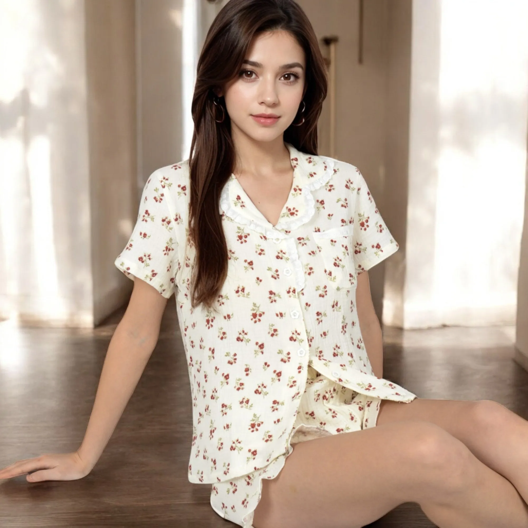 Anna-Kaci Women's Floral Print Button-Up Short Pajama Set