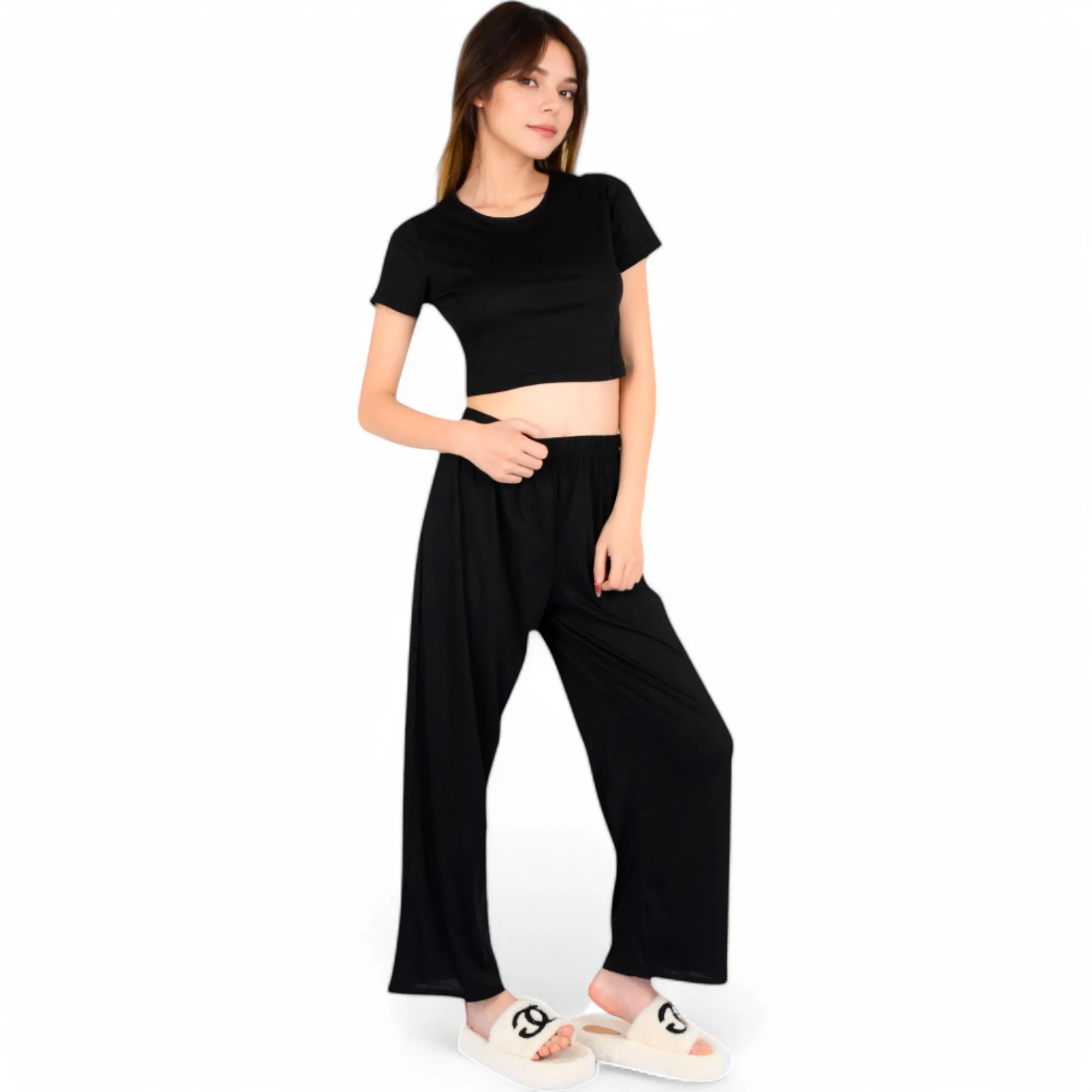 Anna-Kaci Women's Minimalist Black Pajama Set with Soft Short Sleeve Crop Top and High Waist Wide-Leg Pants