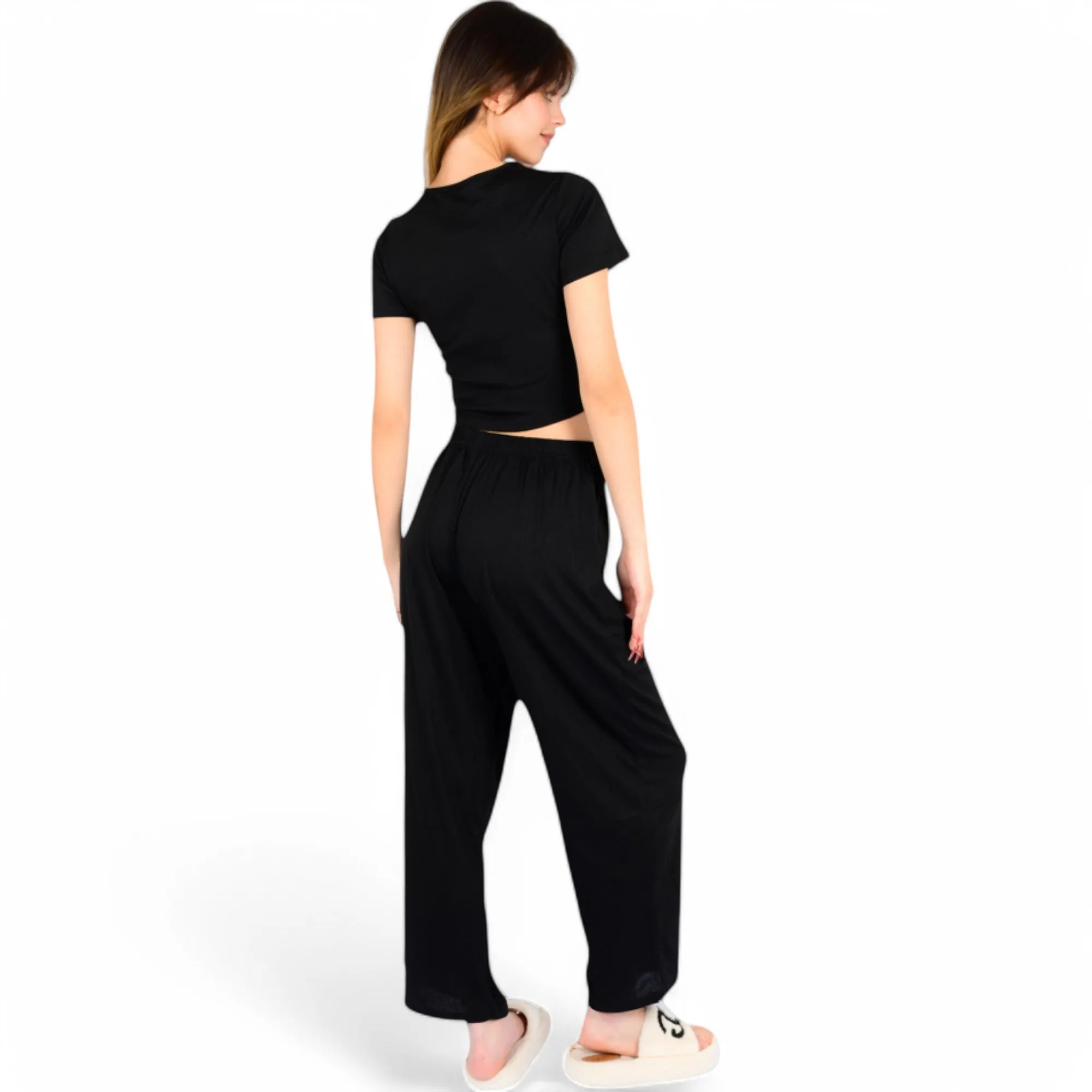 Anna-Kaci Women's Minimalist Black Pajama Set with Soft Short Sleeve Crop Top and High Waist Wide-Leg Pants