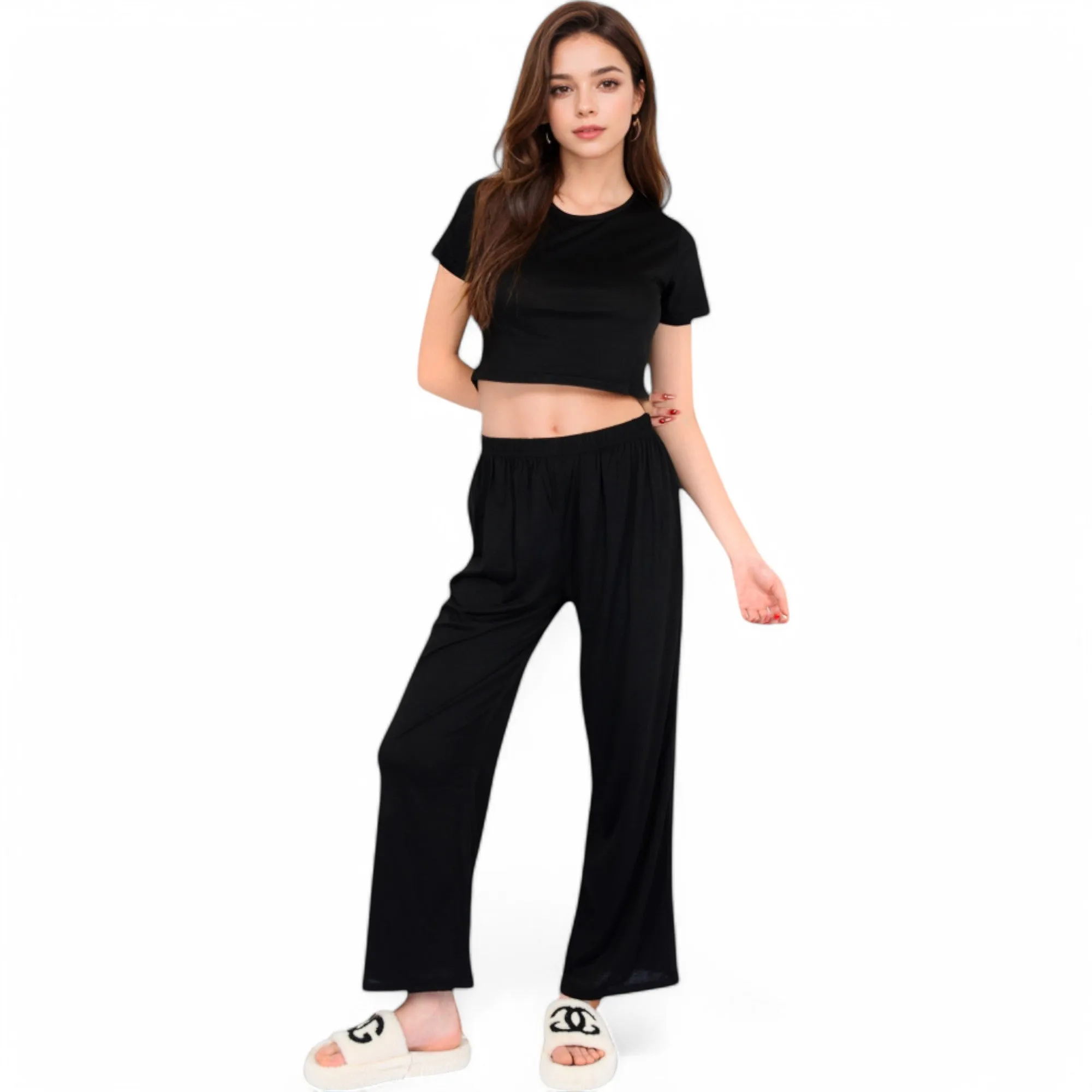 Anna-Kaci Women's Minimalist Black Pajama Set with Soft Short Sleeve Crop Top and High Waist Wide-Leg Pants