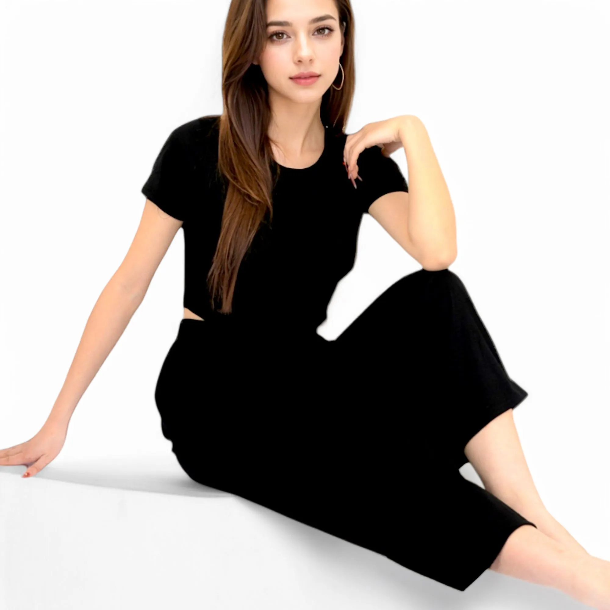 Anna-Kaci Women's Minimalist Black Pajama Set with Soft Short Sleeve Crop Top and High Waist Wide-Leg Pants
