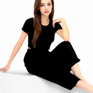 Anna-Kaci Women's Minimalist Black Pajama Set with Soft Short Sleeve Crop Top and High Waist Wide-Leg Pants