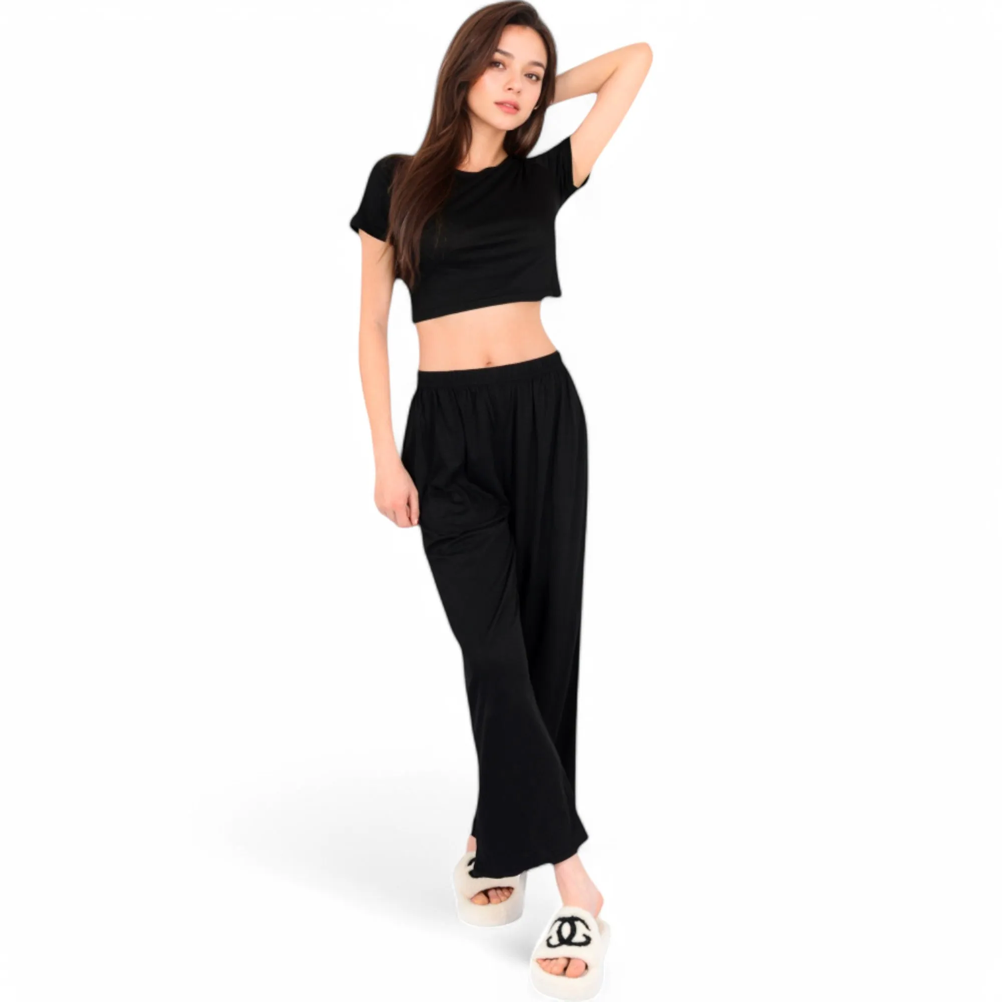 Anna-Kaci Women's Minimalist Black Pajama Set with Soft Short Sleeve Crop Top and High Waist Wide-Leg Pants