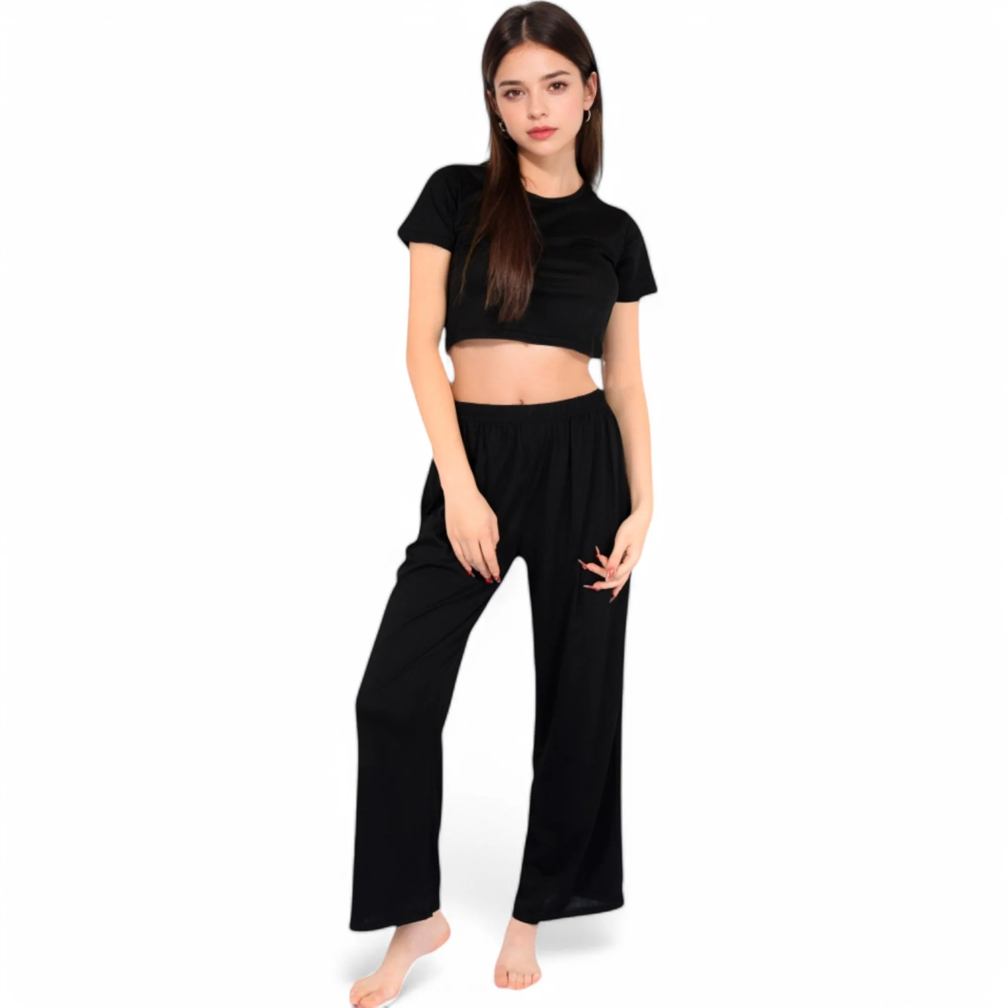 Anna-Kaci Women's Minimalist Black Pajama Set with Soft Short Sleeve Crop Top and High Waist Wide-Leg Pants