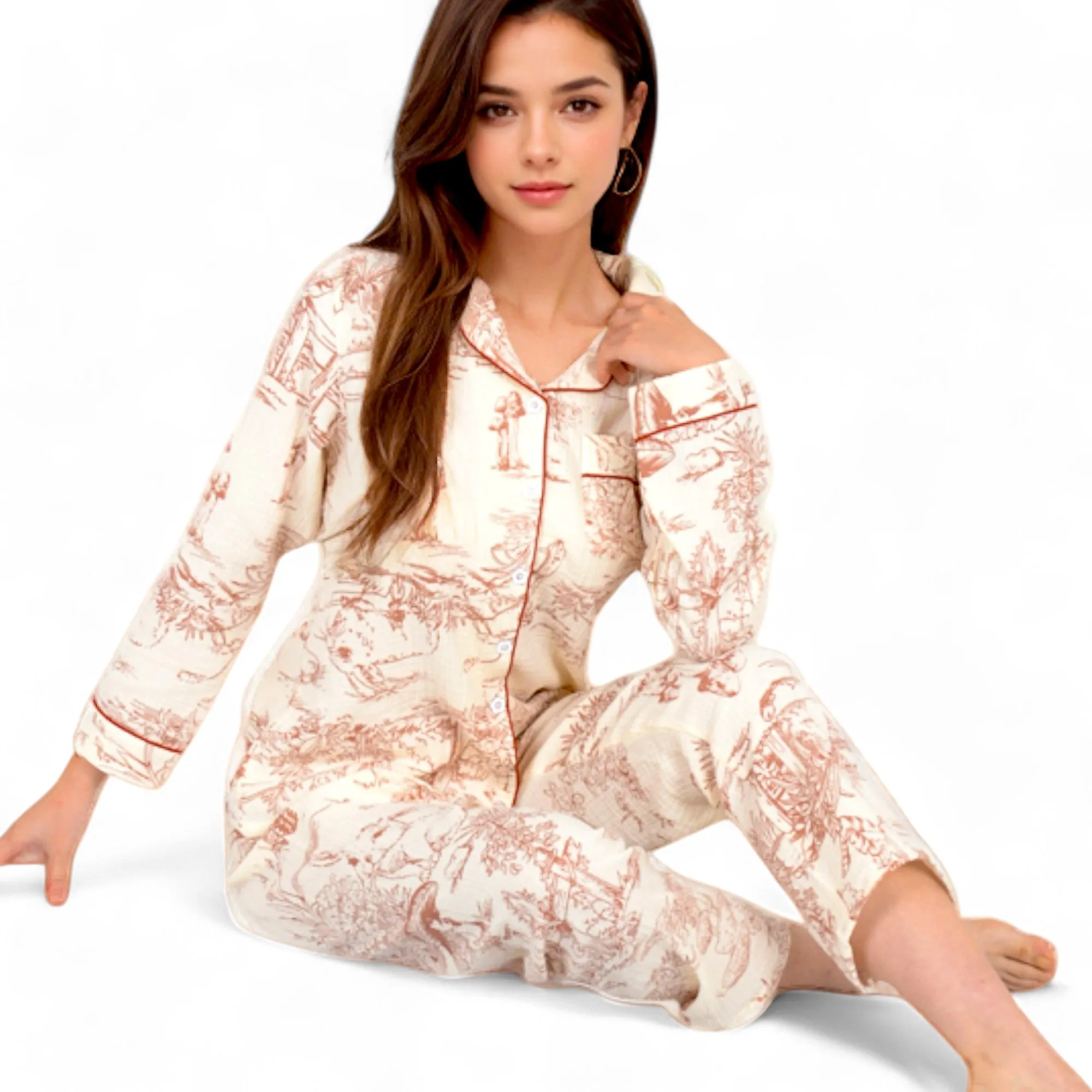 Anna-Kaci Women's Printed Button-Up Pajama Set with Piping Details