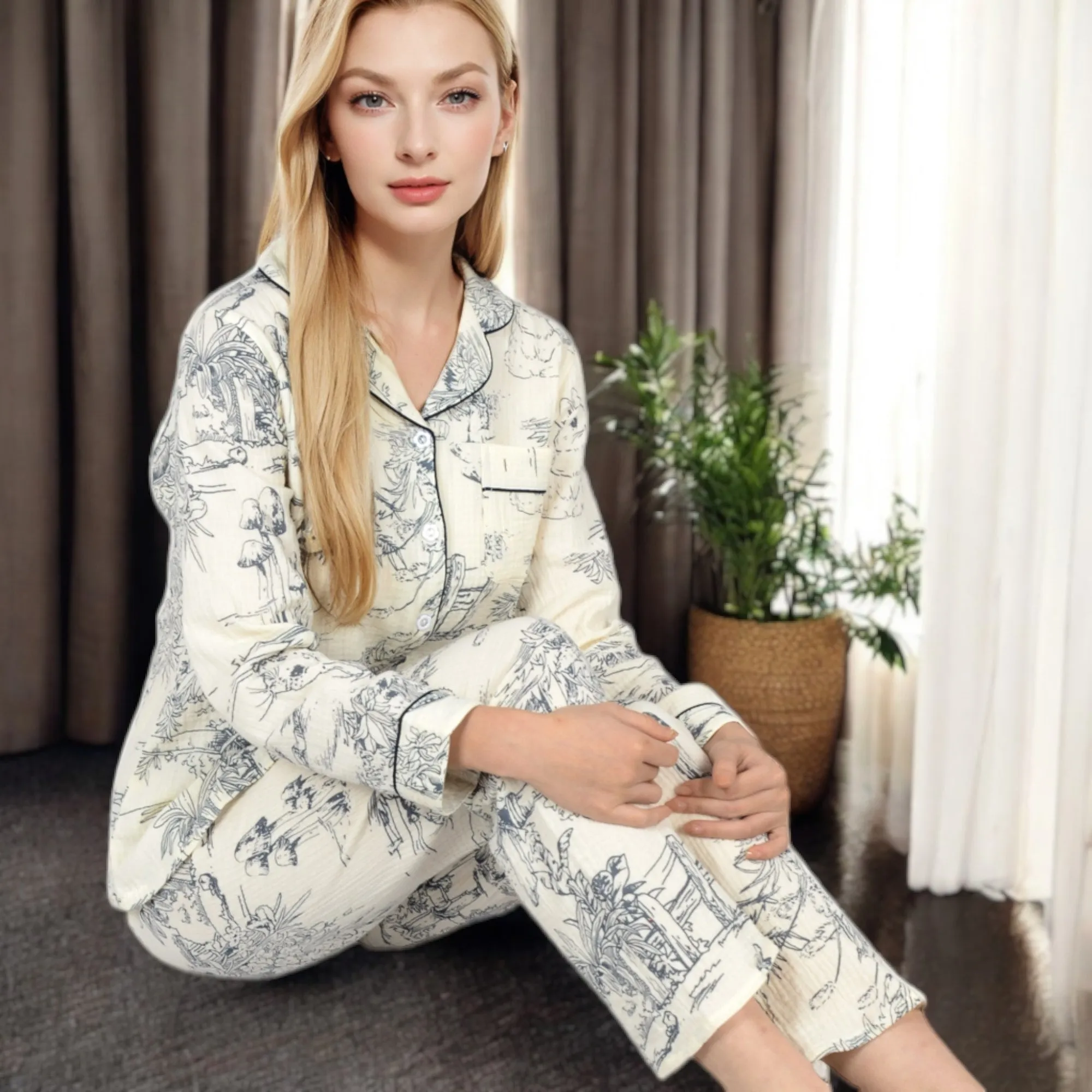 Anna-Kaci Women's Printed Button-Up Pajama Set with Piping Details