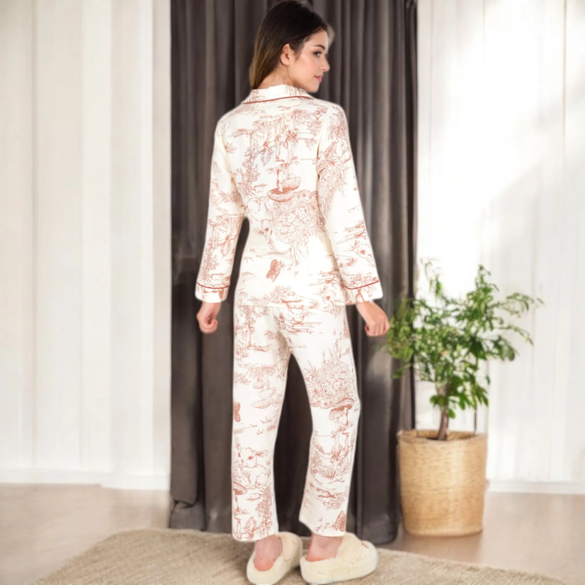 Anna-Kaci Women's Printed Button-Up Pajama Set with Piping Details