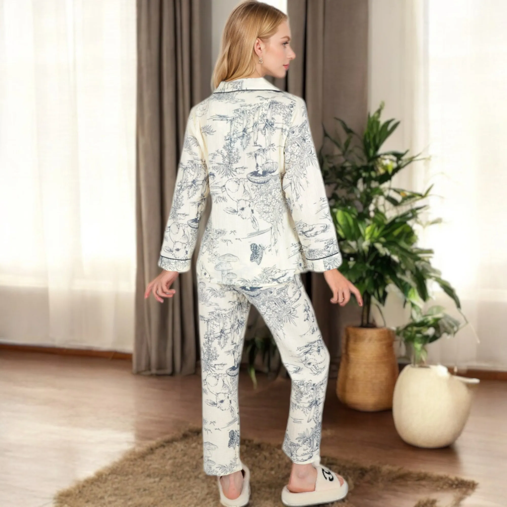 Anna-Kaci Women's Printed Button-Up Pajama Set with Piping Details