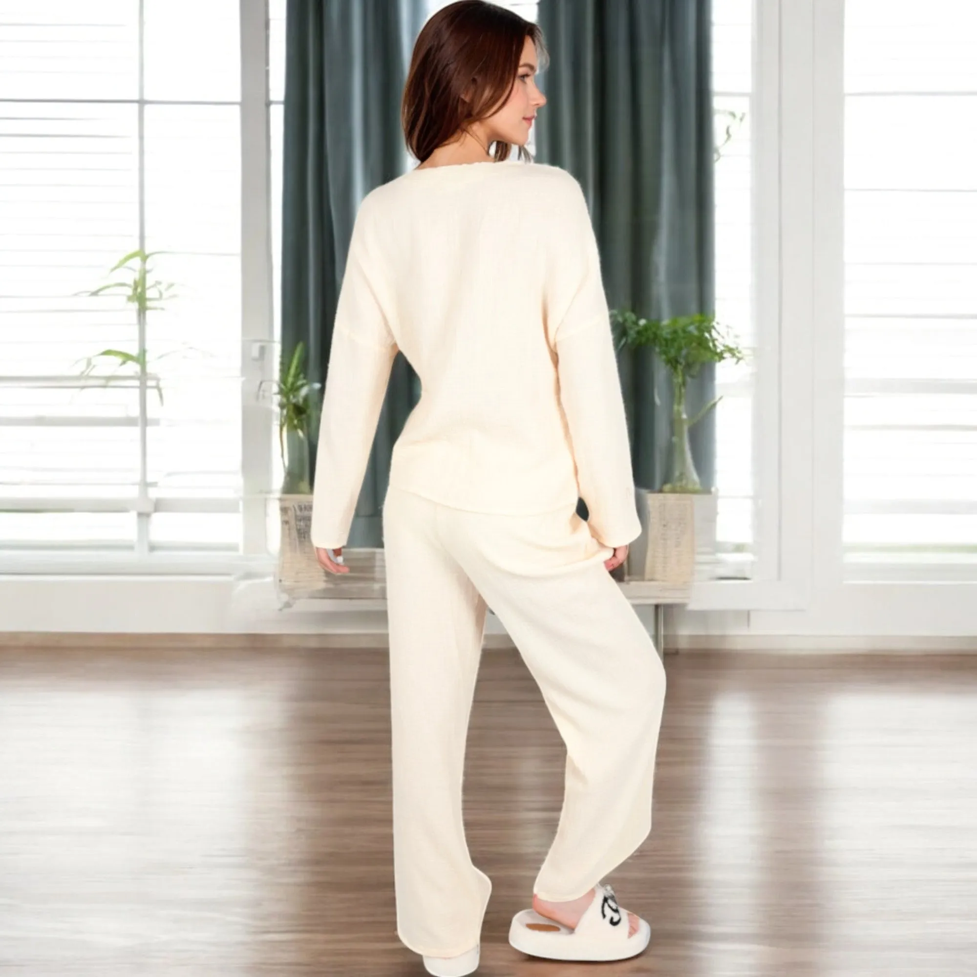 Anna-Kaci Women's Solid Color 2-Piece Pajama Set with Long Sleeve V-Neck Top and Relaxed Fit Wide-Leg Pants
