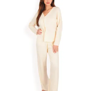 Anna-Kaci Women's Solid Color 2-Piece Pajama Set with Long Sleeve V-Neck Top and Relaxed Fit Wide-Leg Pants