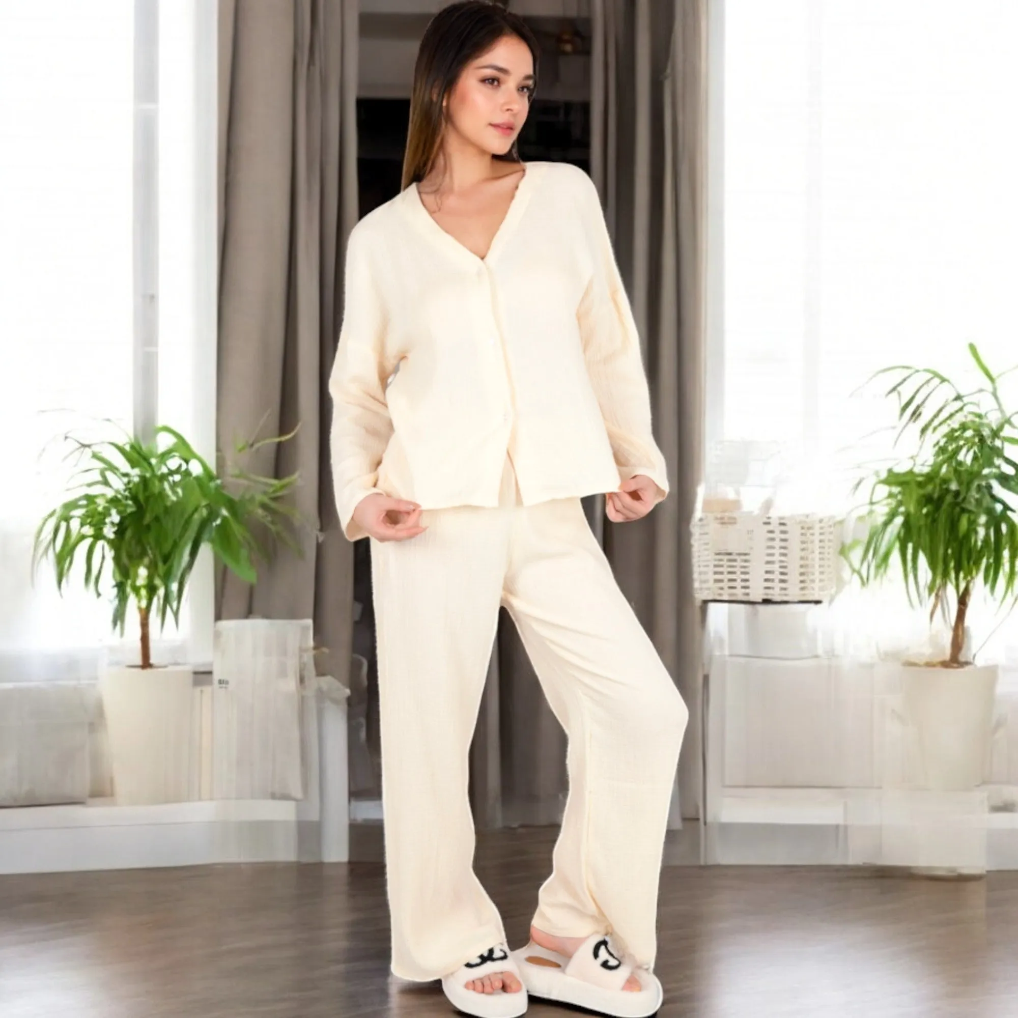 Anna-Kaci Women's Solid Color 2-Piece Pajama Set with Long Sleeve V-Neck Top and Relaxed Fit Wide-Leg Pants