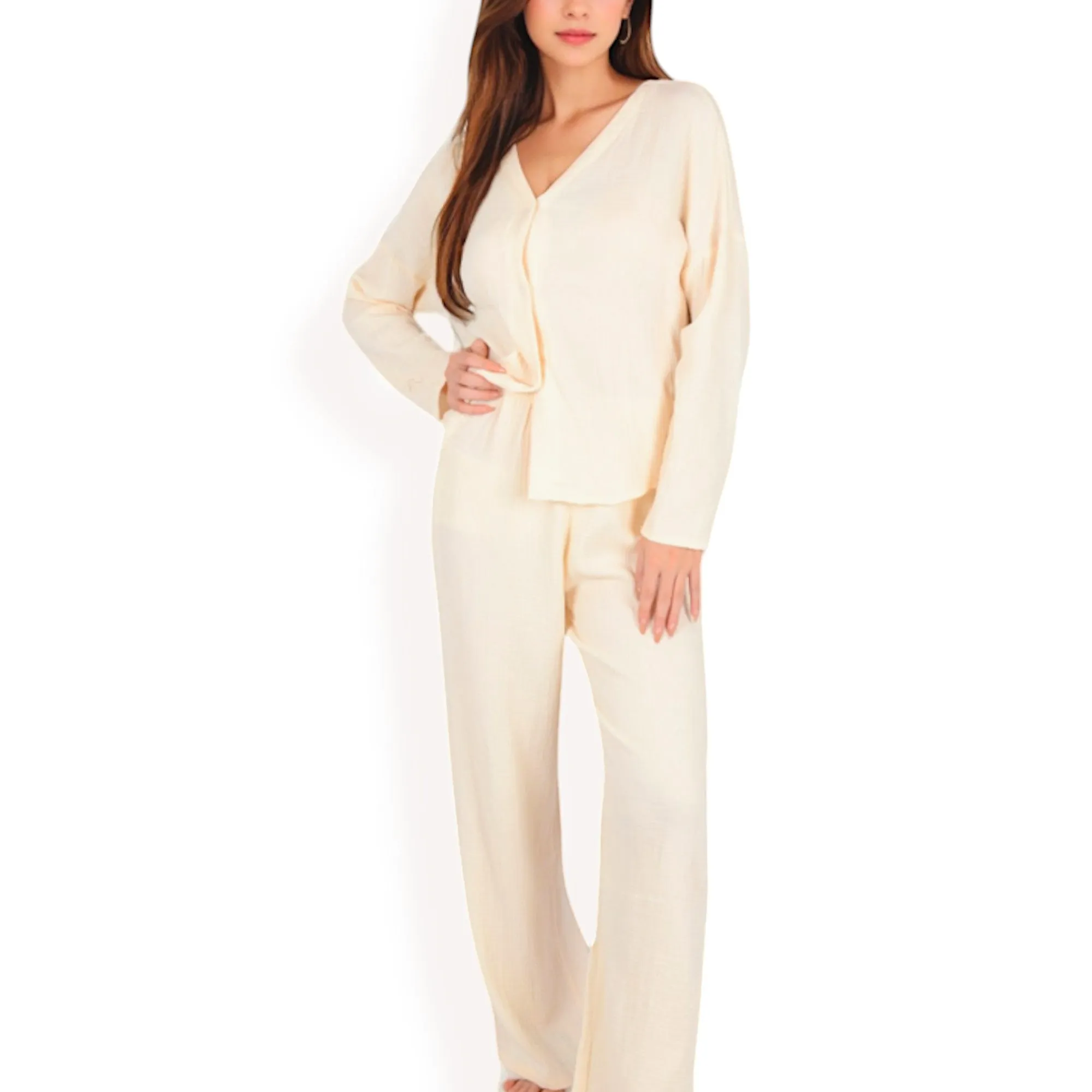 Anna-Kaci Women's Solid Color 2-Piece Pajama Set with Long Sleeve V-Neck Top and Relaxed Fit Wide-Leg Pants