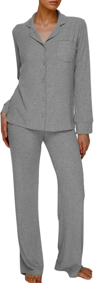 AnotherChill Women's Pajamas Set Long Sleeve Button Down Ribbed Knit 2 Piece Sleep Sets Loungewear Soft Pjs
