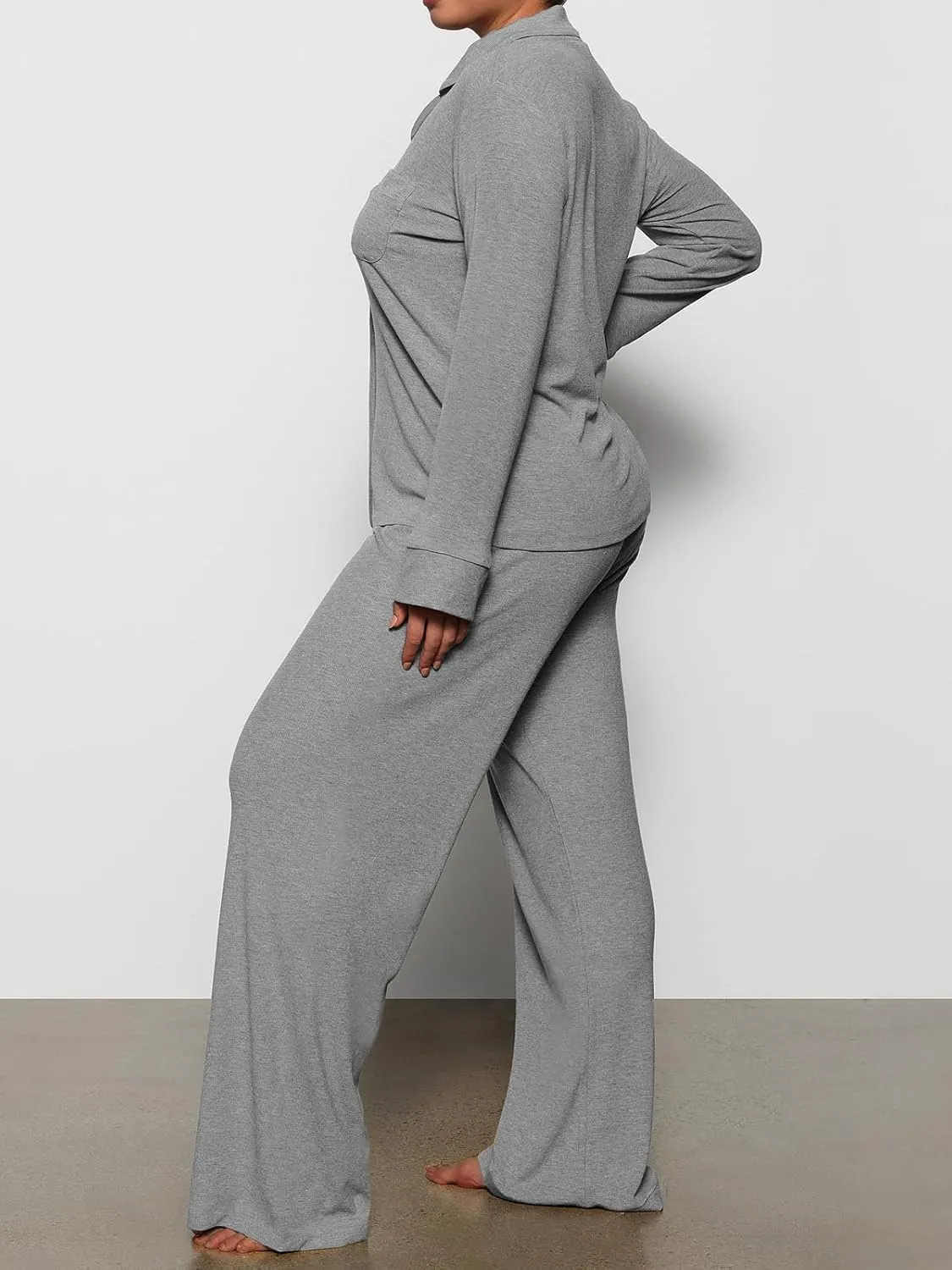 AnotherChill Women's Pajamas Set Long Sleeve Button Down Ribbed Knit 2 Piece Sleep Sets Loungewear Soft Pjs